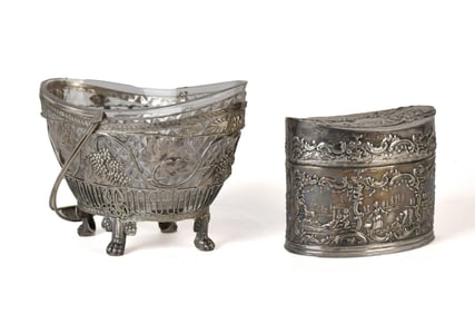 ANTIQUE CONTINENTAL SILVER TEA CADDY & HANDLED BASKET