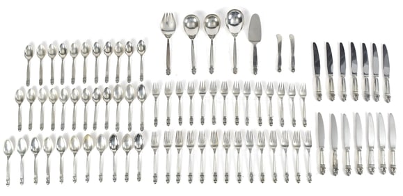 GEORG JENSEN STERLING FLATWARE SET, ACORN PATTERN.