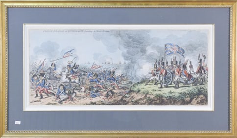 1803 SATIRICAL ETCHING BY GILLRAY, NAPOLEON LANDING IN BRITAIN.