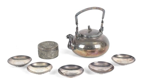 JAPANESE SILVER TEAPOT, SHALLOW CUPS, AND BOX.