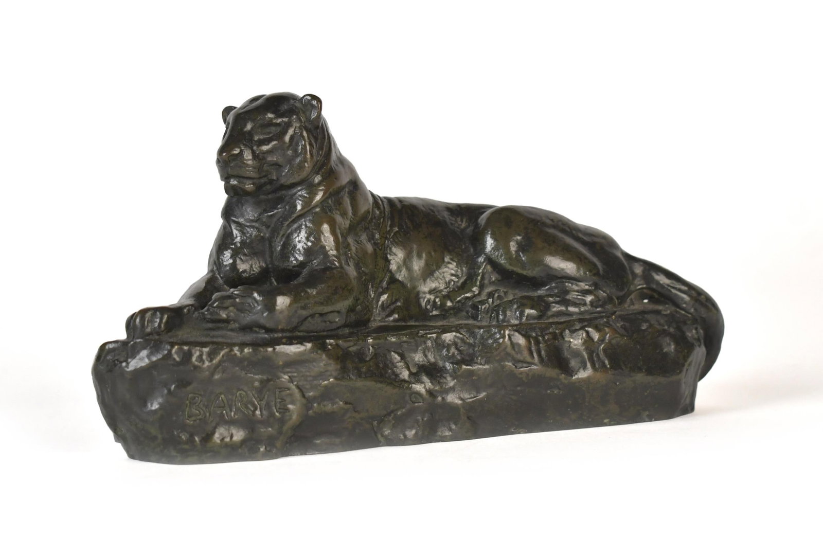 BAYRE BRONZE PATHER FIGURINE, BARBEDIENNE FOUNDRY.: Antoine Louis Bayre (French 1796 - 1875) signed bronze, panther in recumbent form on integral base, signed on front BAYRE and marked on back with foundry stamp Barbedienne, 4”H x 8”W.