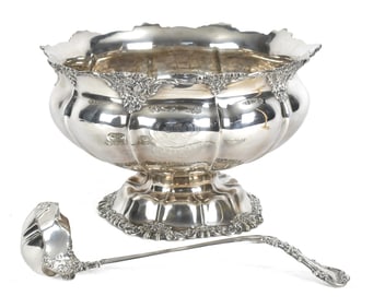 ANTIQUE TOWLE STERLING PUNCH BOWL AND LADLE.