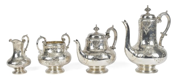 A 19TH C. ENGLISH SILVER TEA SET.
