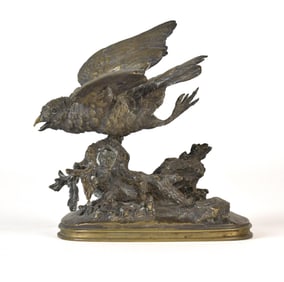 FERDINAND PAUTROT BRONZE, BIRD ON BRANCH.