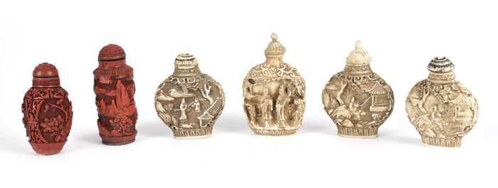 SIX CINNABAR SNUFF BOTTLES.