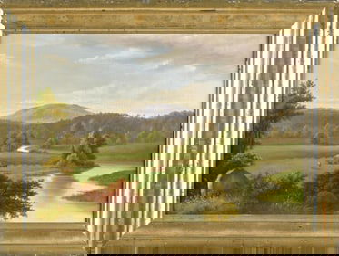 19TH C. OIL, FARM SCENE, MANNER OF F.E. CHURCH.