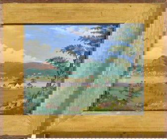 19TH C. AMERICAN SCHOOL FOLK ART LANDSCAPE PAINTING.