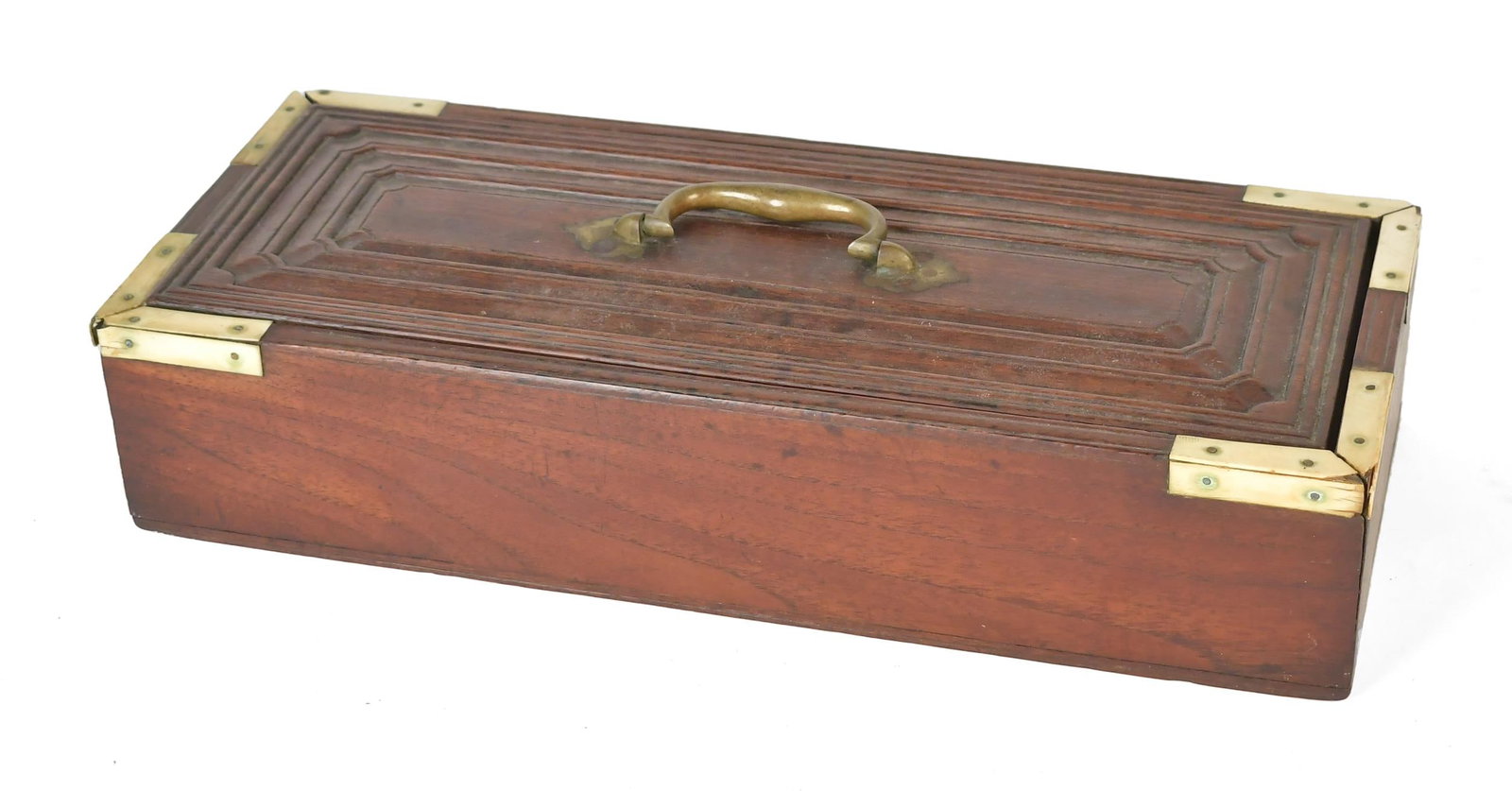 19TH C. SAILOR MADE SLIDE BOX.: Ca. 1850s carved walnut and bone mounted slide box with brass bail handle and an open interior for storage, 4”H x 19”L x 8”D.