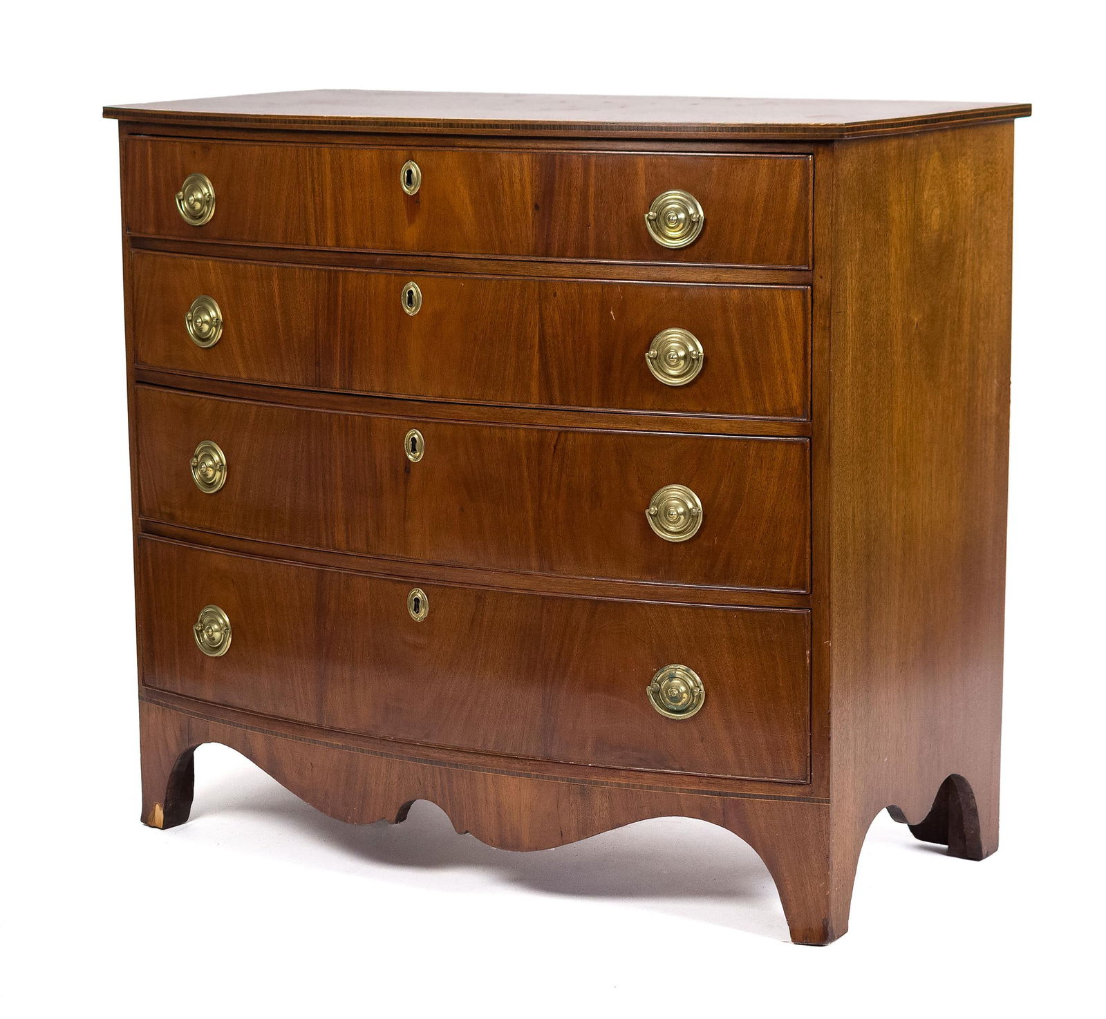 EARLY 19TH C. INLAID MAHOGANY BOW FRONT CHEST. (1 of 12)