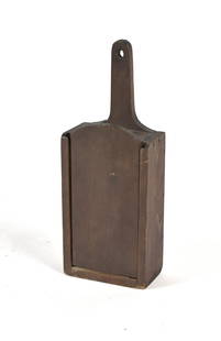 ANTIQUE WALL HANGING SCRUB BOX.: An antique, likely Shaker, antique wall hanging scrub box in a red/brown stain, with a slide top that can adjust to a slanted position for scrubbing, 13.5”L x 5.25”W X 2.75”H.