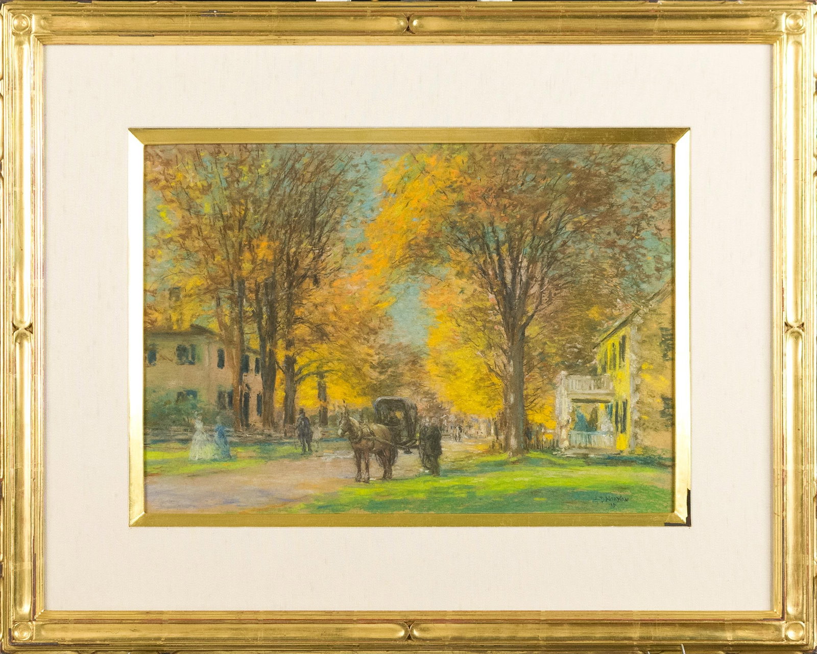 LOUIS DOYLE NORTON PASTEL, SUNDAY STREET SCENE.: A Louis Doyle Norton (1868-1940) pastel, autumn street scene with figures and horse drawn carriages, signed lower right, LD Norton ‘35. Image 12” x 17.5”, Frame 22” x 27”