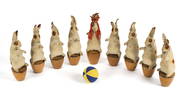 ANTIQUE STEIFF VELVET RABBIT SKITTLE SET, 9 PIECES.