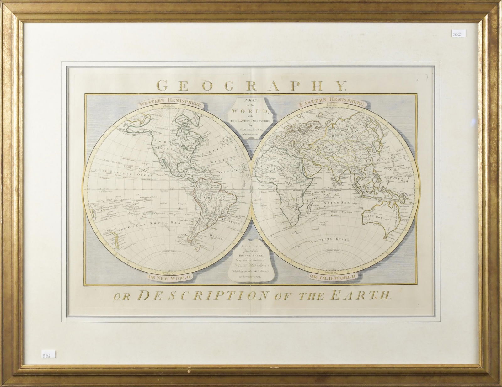 18TH C. ROBERT SAYER, SAMUAEL DUNN WORLD MAP.: 'A Map of the World with Latest Discoveries', by Samuel Dunn, printed for Robert Sayer, published Jan 10 1774. Plate size 14” x 20.5”, Frame 23” x 29.5”.