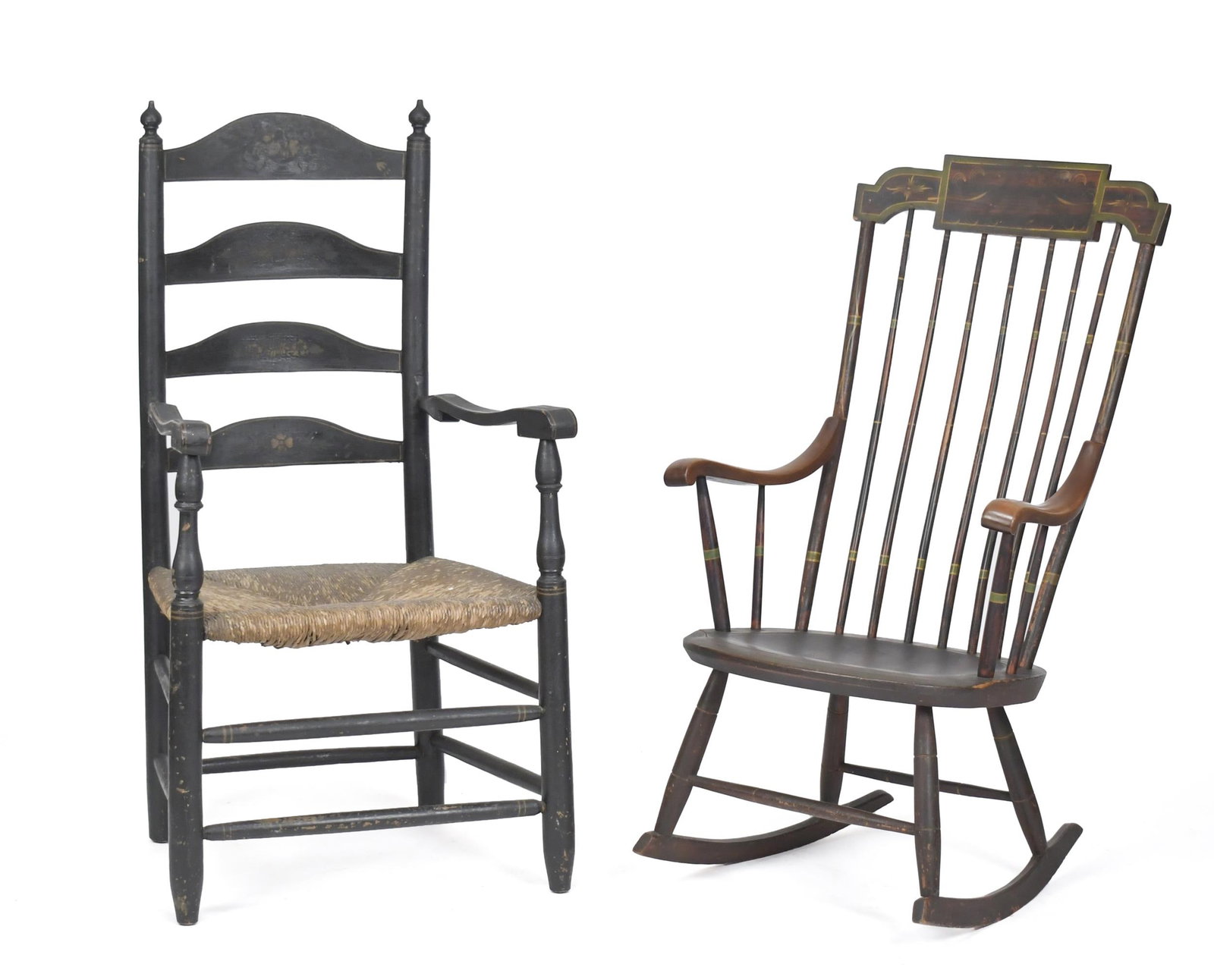 19TH C. SALEM ROCKER AND EARLY LADDER BACK CHAIR. (1 of 16)