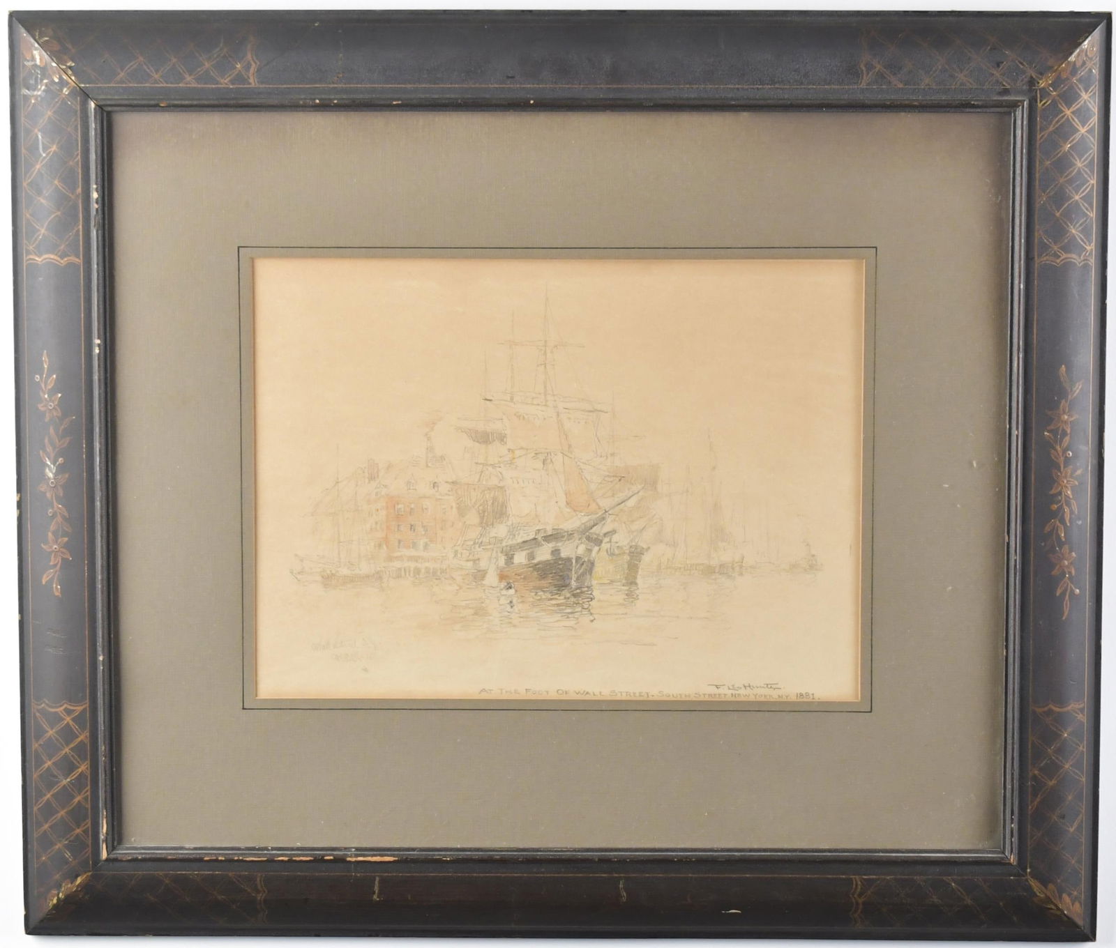 FREDERICK LEO HUNTER DRAWING, WALL STREET NEW YORK.: A Frederick Leo Hunter (1858-1943) pencil drawing, inscribed lower right 'At the Foot of Wall Street, South Street, New York , NY 1881', and signed lower right, F. Leo Hunter. Image 9” x 12̶