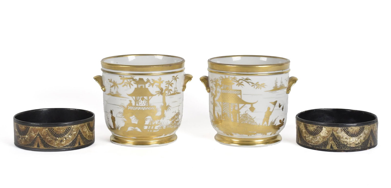 ANTIQUE WINE COASTERS AND COOLERS, 4PCS.: A pair of unusual 19th C. gilt decorated lacquered wine coasters, 1.75”H x 5.25” dia., and chinoiserie gilt decorated porcelain wine coolers, 5.5”H.