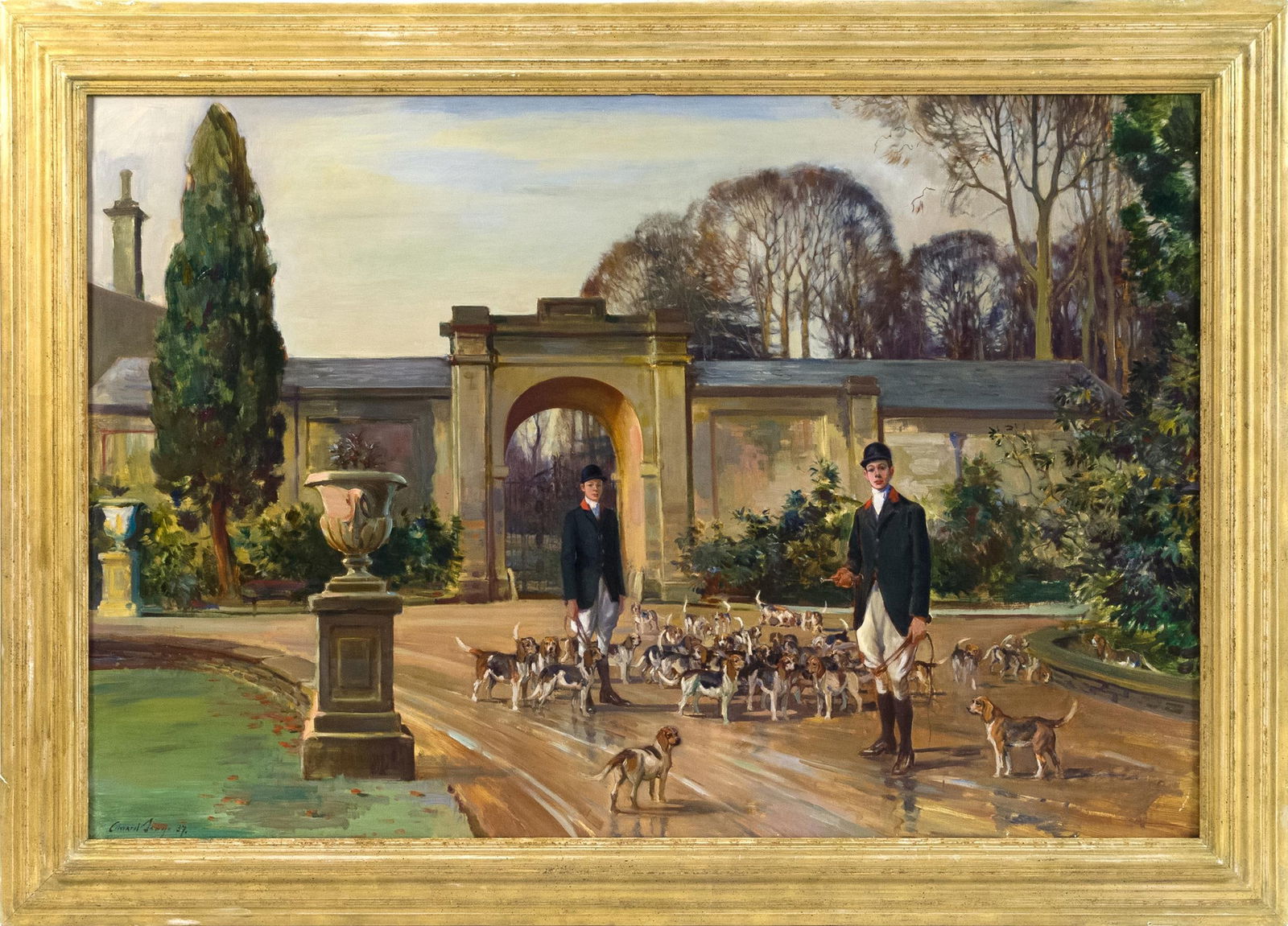 EDWARD SEAGO OIL, LORD MELCHETT & COALWORTH BEAGLES.: Edward Seago (UK, 1910-1974) oil on canvas, depicting Third Lord Melchett and Derek Monde with the Coalworth Beagles, signed lower left Edward Seago '37, back of frame with Royal Academy exhibition la