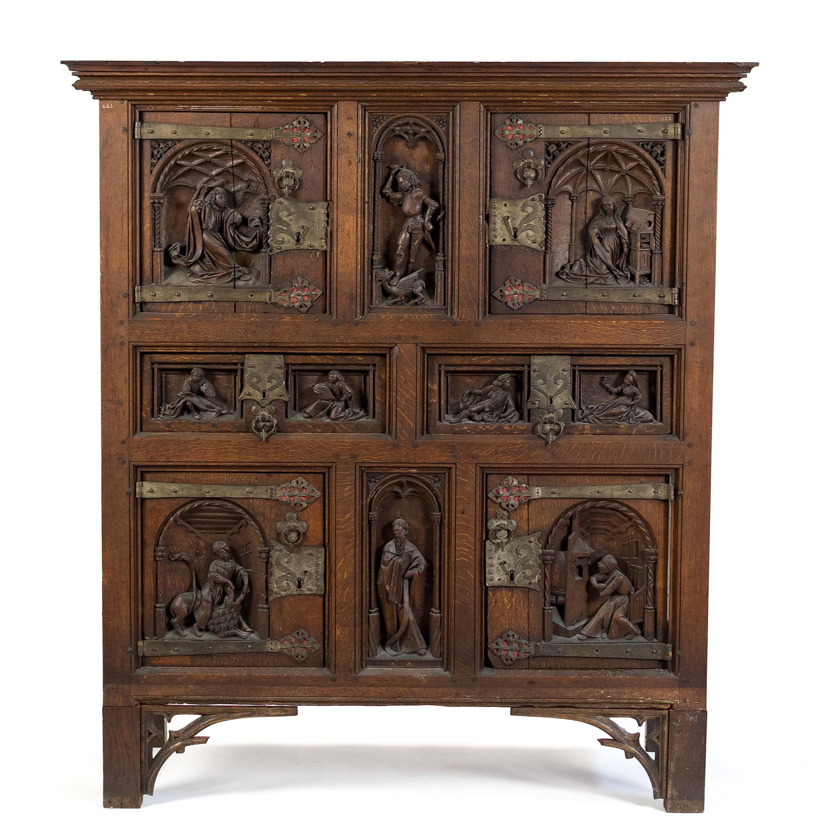 19TH C. CARVED GERMAN OAK COURT CUPBOARD. (1 of 15)