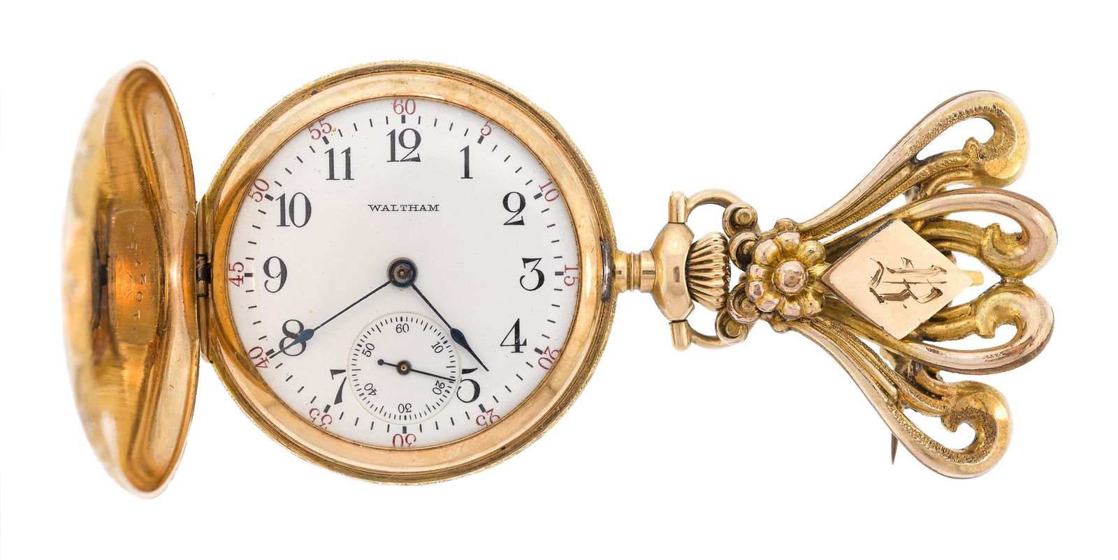 WALTHAM 14K GOLD POCKET WATCH W/ GF WATCH BROOCH. (1 of 7)