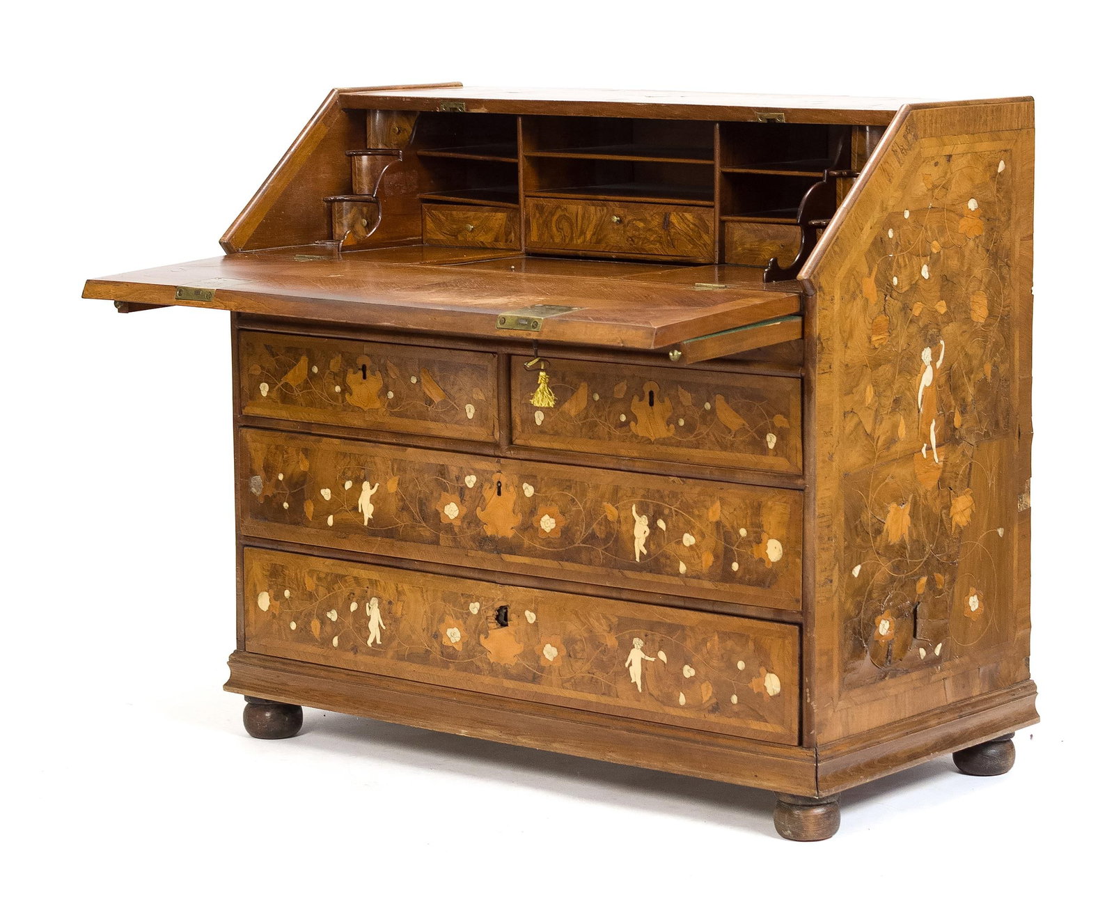 18TH C. DUTCH INLAID WALNUT DESK.: An 18th C. Dutch walnut slant lid desk, with mixed wood and bone inlay decoration of Classical figures, birds and flowers. Fitted interior with drawers and doors. Case with two short over two long dra