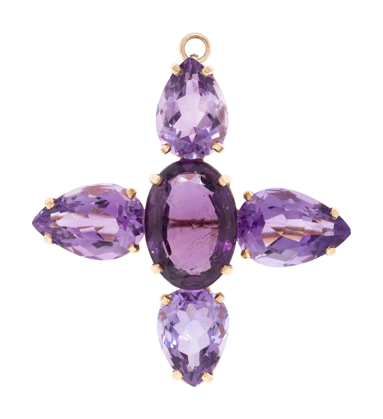 VINTAGE 14K GOLD AMETHYST PIN/PENDANT.: A vintage 14k yellow gold pin/pendant set with approx. 35 ct. tw. faceted oval and faceted pear shaped amethyst of medium light to medium dark purple color, 2 inches long, 13.77 grams.