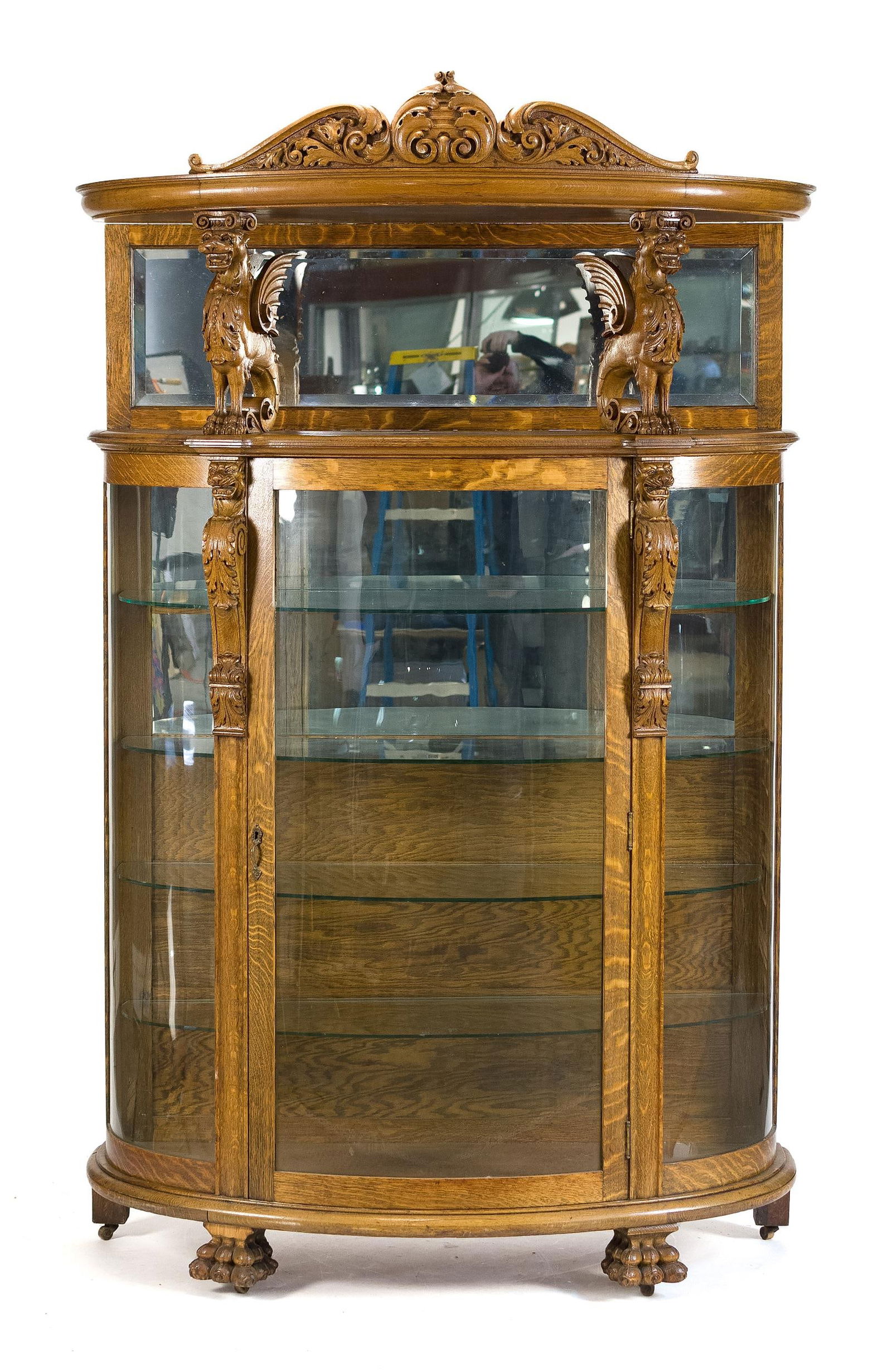 IMPRESSIVE CARVED OAK CHINA CABINET. (1 of 13)