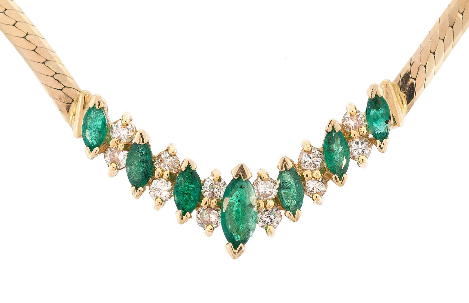 14K GOLD HERRINGBONE EMERALD & DIAMOND NECKLACE. (1 of 9)