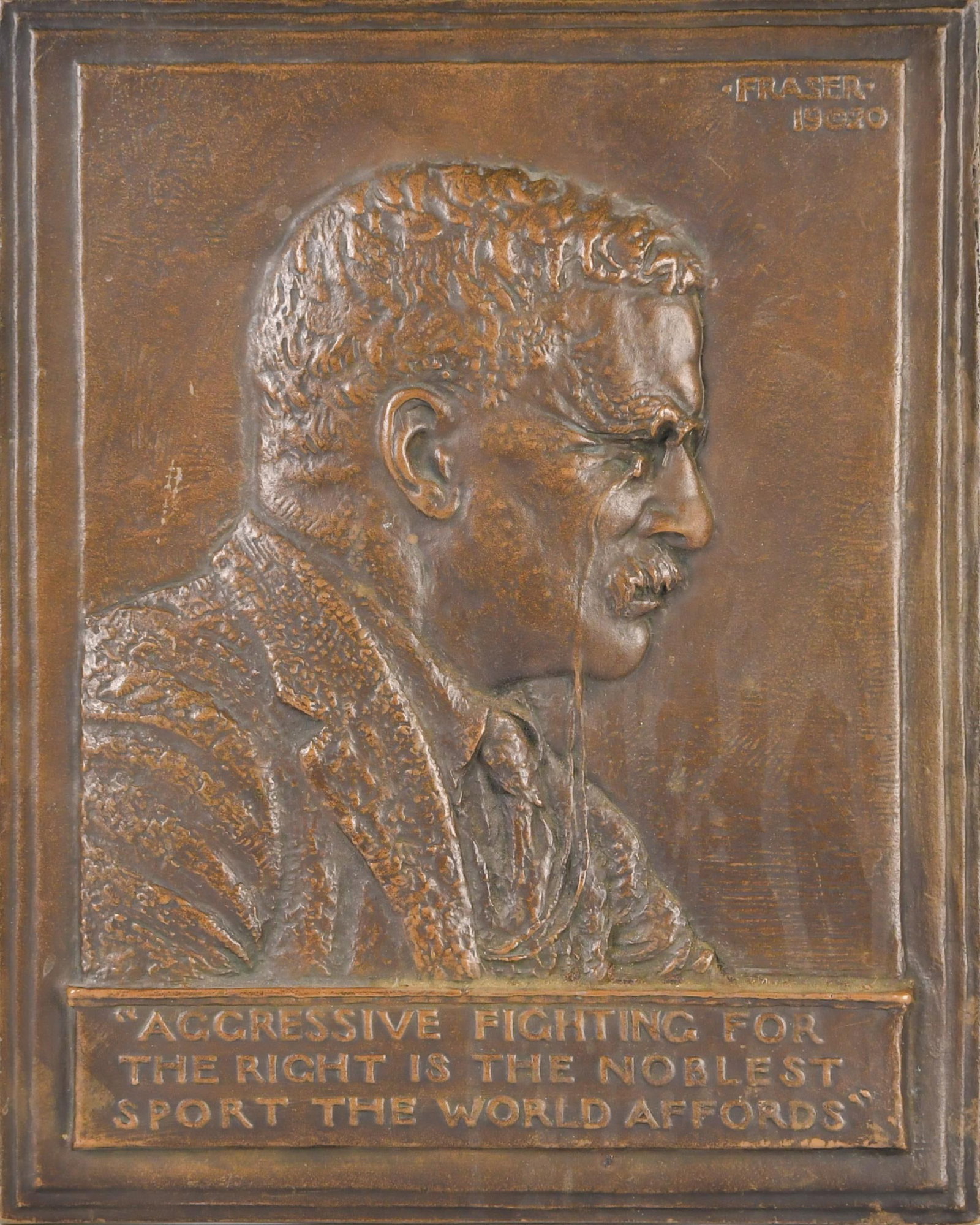 BRONZE WALL PLAQUE, JAMES EARLE FRASER OF ROOSEVELT. (1 of 7)
