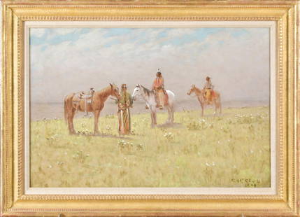 CHARLES CRAIG OIL,INDIAN SCOUTING PARTY ON THE ALERT: An 1889 Charles Craig oil on canvas, titled on back with Kennedy Galleries NYC label, 'Indian Scouting Party on the Alert'. Signed lower right, Chas. Craig 1889. Image 16” x 24”, Frame 21&
