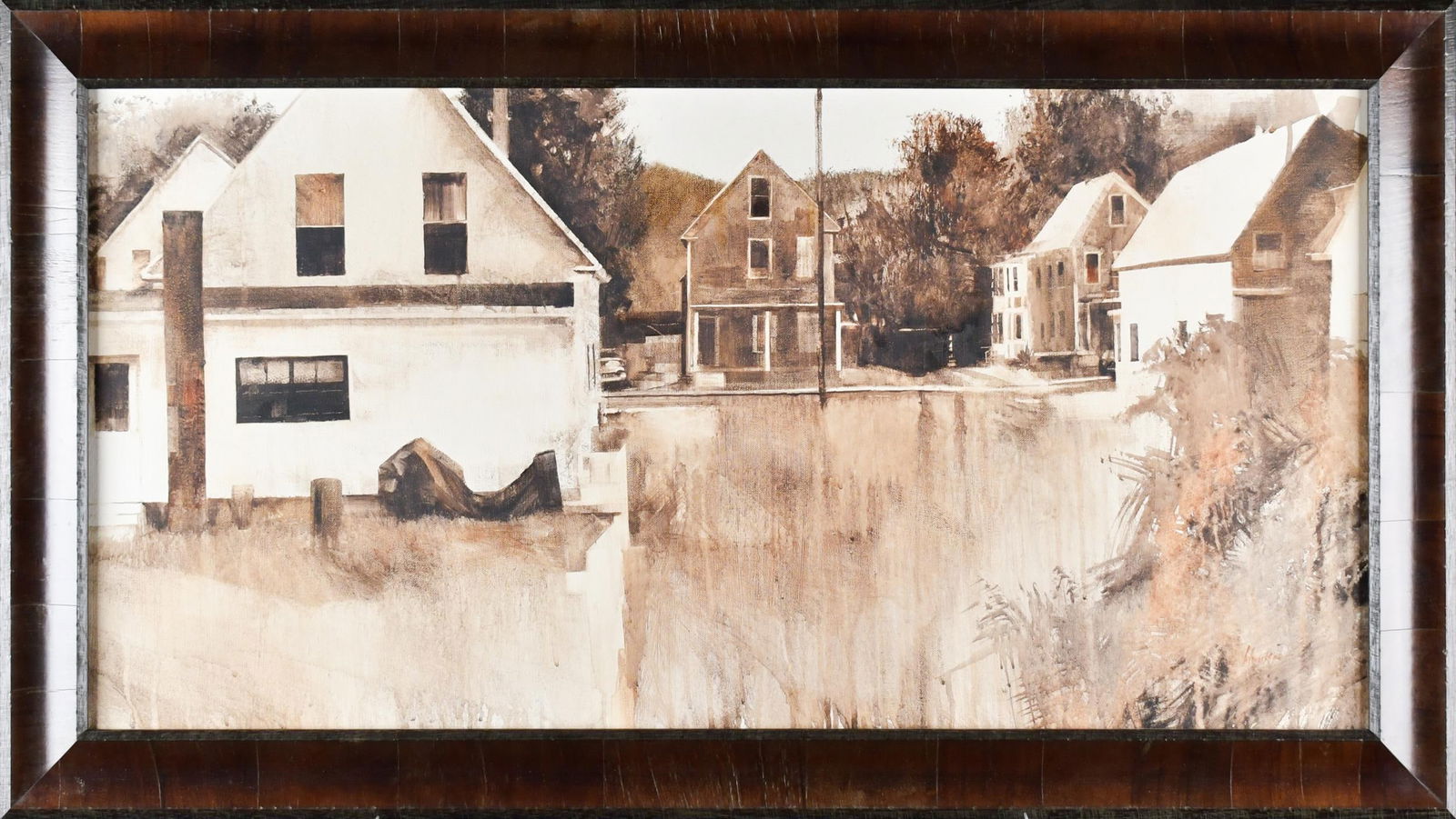 CHARLIE HUNTER MIXED MEDIA, BELLOWS FALLS VT.: Charlie Hunter oil wash and watercolor on canvas, Bellows Falls Vermont street scene, signed lower right Hunter. Overall 22.5” x 40.