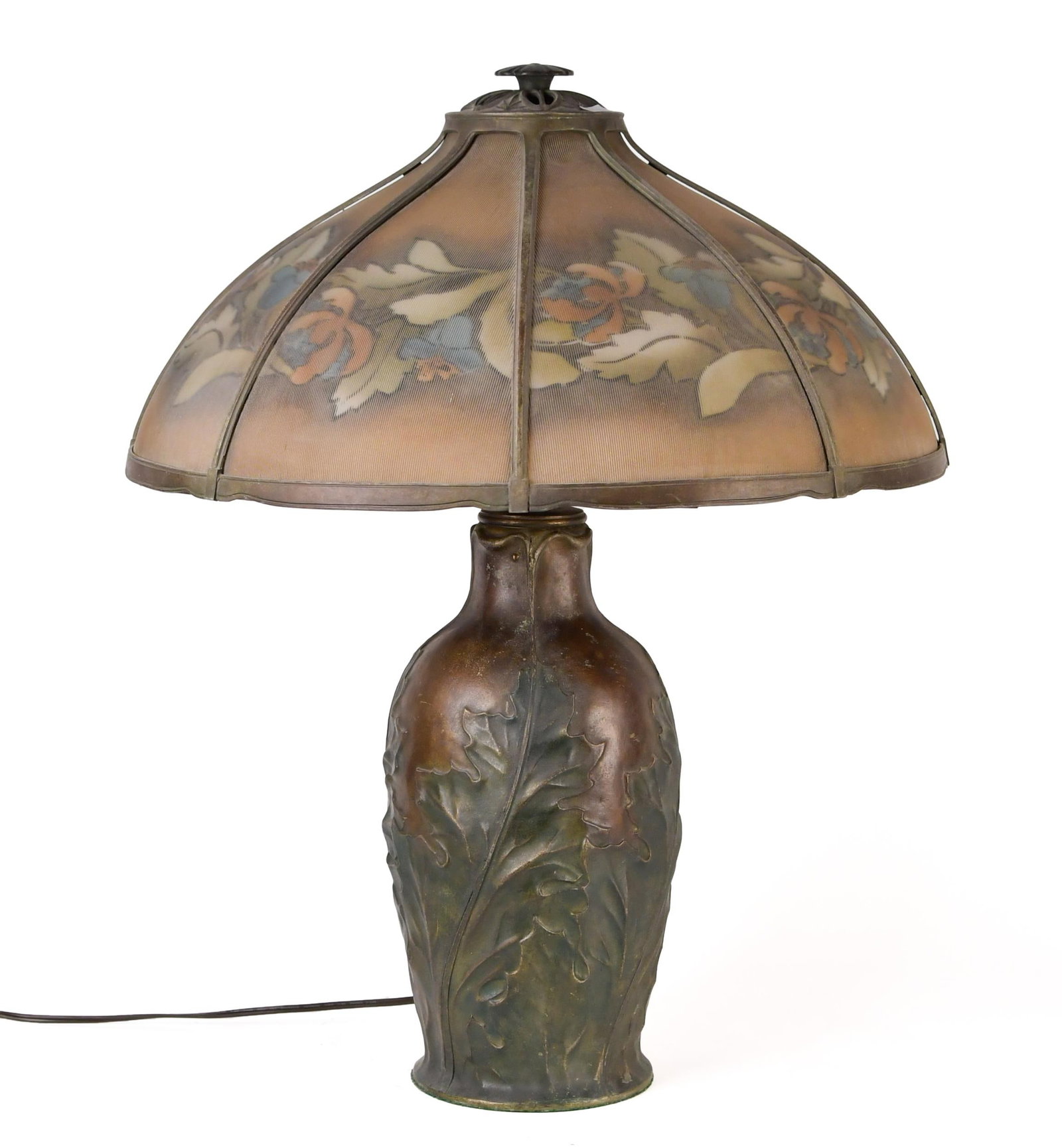 ANTIQUE BRONZE TABLE LAMP WITH SLAG PANEL SHADE. (1 of 9)