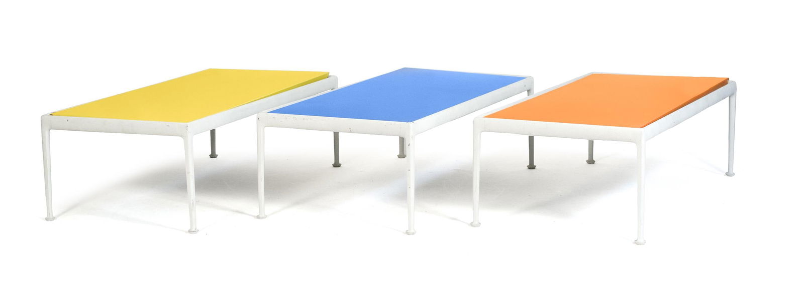THREE RICHARD SCHULTZ COLOR BLOCK COFFEE TABLES.: Three ca. 1960 Richard Schultz for Knoll coffee tables with extruded aluminum frames and powder coated steel inset tops. All show original surfaces, frames, and insets in blue, yellow, and orange, Kno