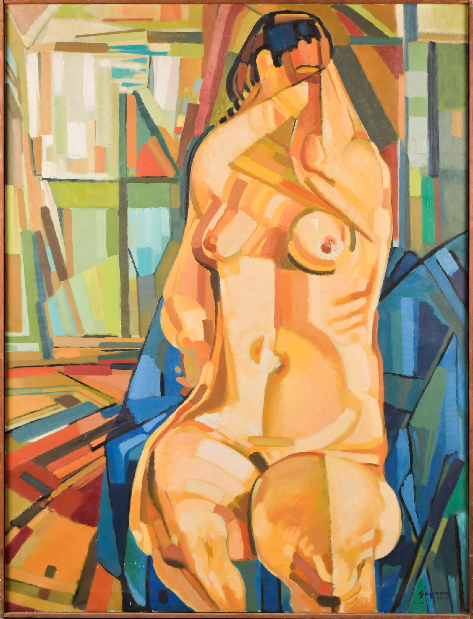 RALPH GAGNON OIL ON CANVAS, CUBIST NUDE.: Ralph J. Gagnon (1919-1996) large oil on canvas, cubist nude, signed lower right Gagnon 1956-7, Boston. Inscribed on reverse 'Big nude, Gagnon, 56-57. 32 Doane St. Boston'. Overall in thin wood frame 