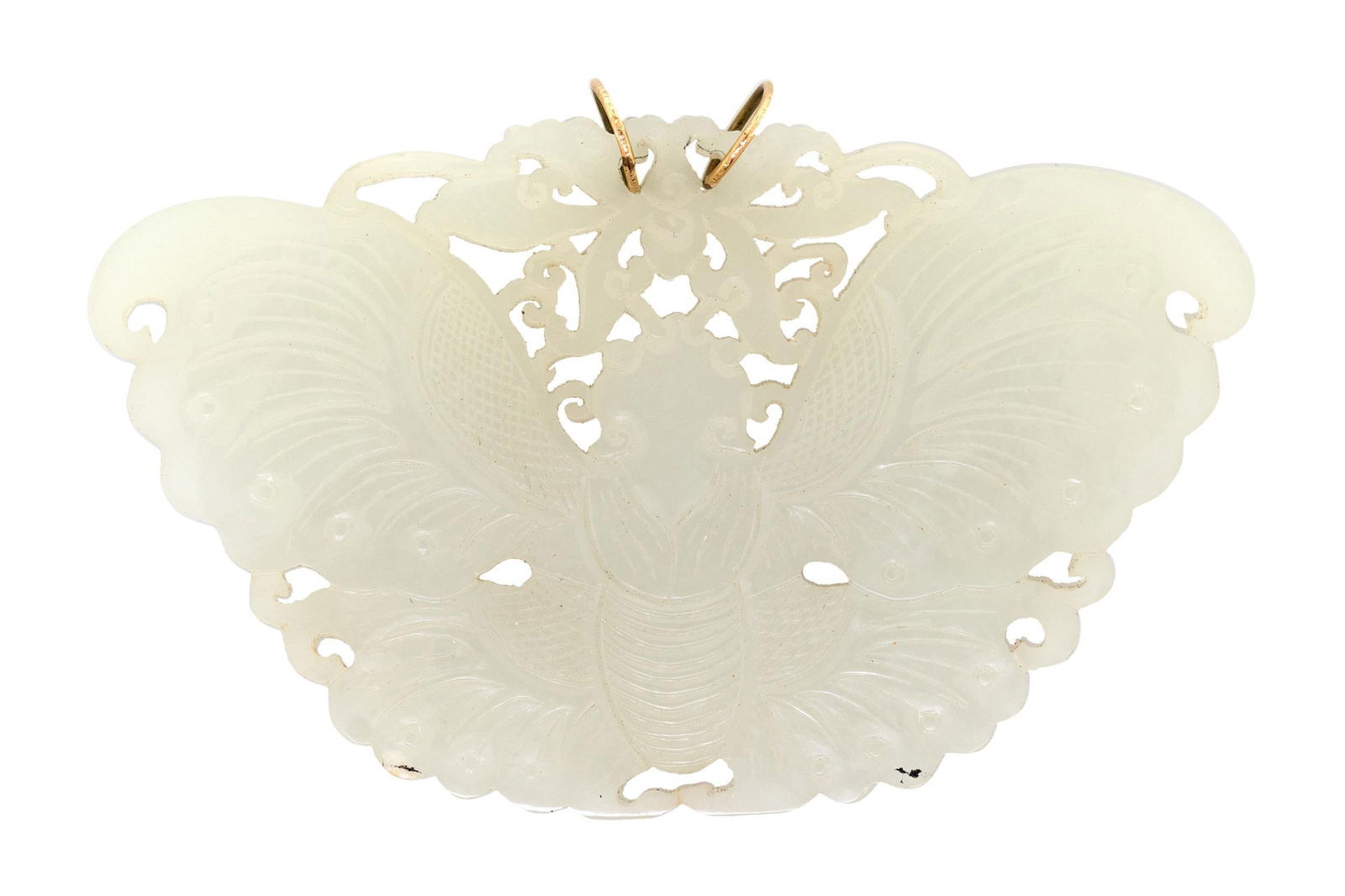 CHINESE CARVED WHITE JADE MOTH PENDANT. (1 of 5)