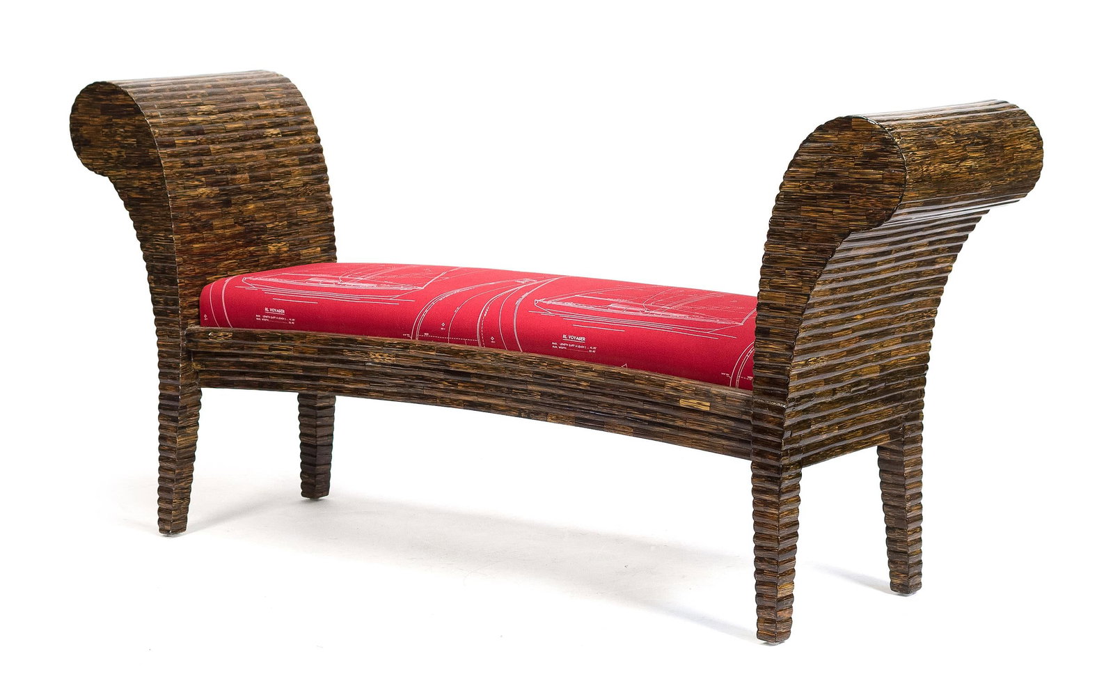 ENRIQUE GARCIA TESSELLATED BONE WINDOW BENCH.: A vintage Enrique Garcia tesselated bone window bench, upholstered in red nautical Ralph Lauren fabric, with label on underside 'Enrique Garcia Handmade in Columbia'. 34.25”H x 70”W x 18.2