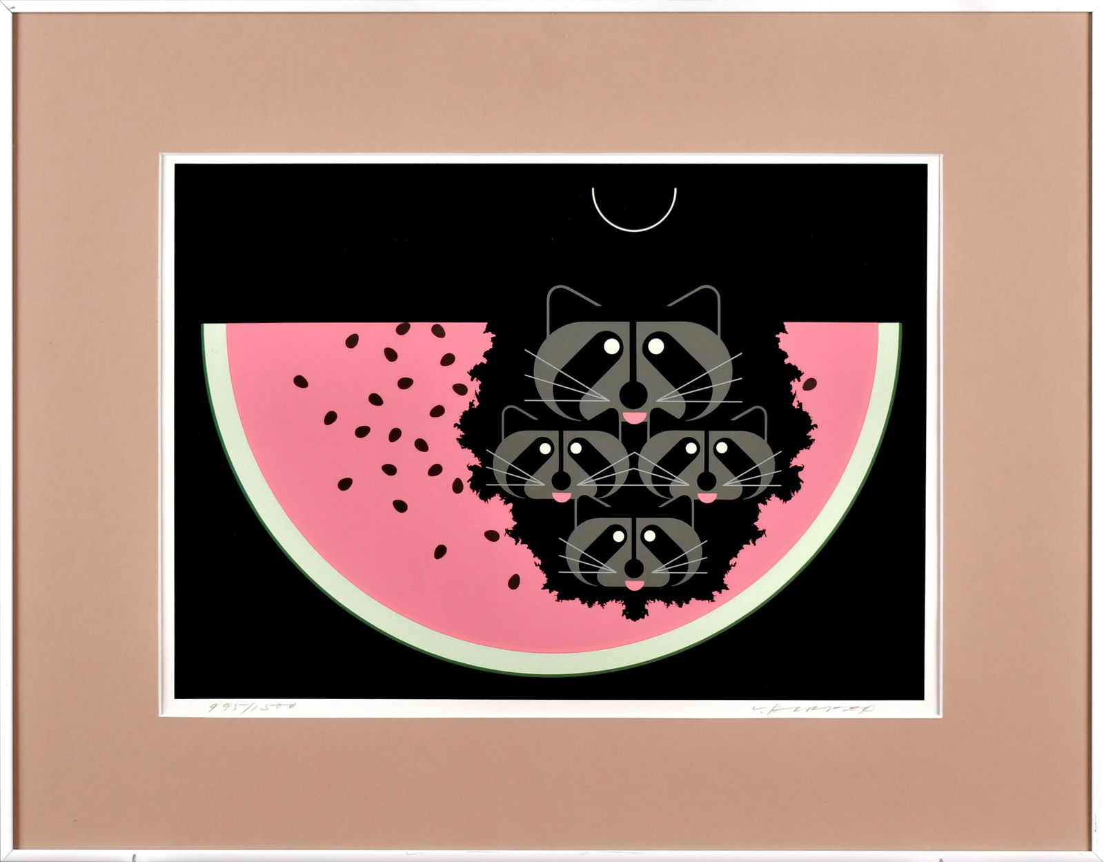 CHARLEY HARPER SERIGRAPH, WATERMELON MOON.: A vintage Cherley Harper 1973 serigraph, Watermelon, no. 29, pencil signed and numbered in margin 995/1500, C. Harper. Certificate on back. Image 12” x 16.5”, Frame 19.25” x 24.75