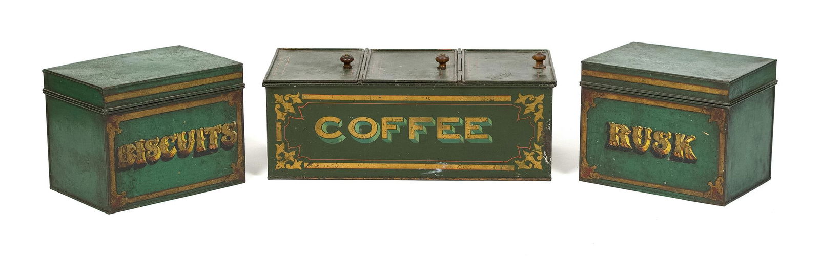 THREE ANTIQUE ENGLISH DRY GOODS TINS. (1 of 18)