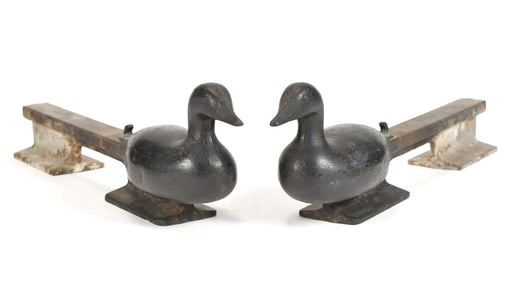 PAIR ANTIQUE CAST IRON DUCK DECOY ANDIRONS.