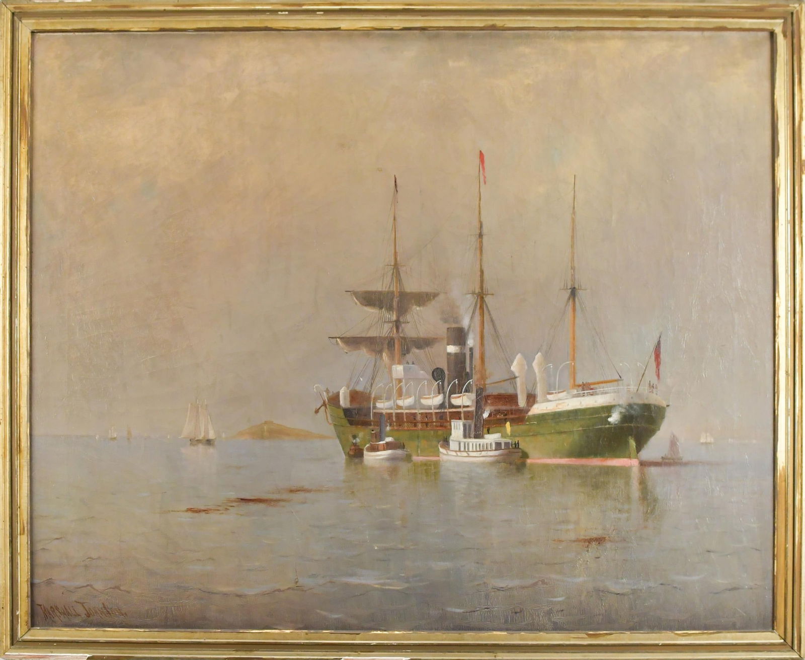MARSHALL JOHNSON OIL ON CANVAS, SHIP AT HARBOR.: Marshall Johnson, Jr. (1850-1921) oil on canvas, depicting a large steamship in harbor with tugboats. Signed lower left, Marshall Johnson. Canvas 40” x 50”, Frame 44” x 54”.