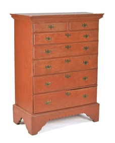 18TH C. COUNTRY RED PAINTED TALL CHEST.