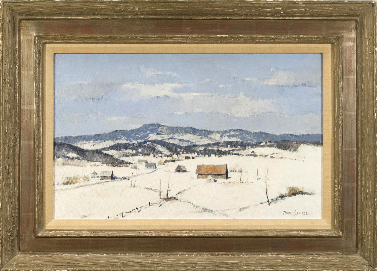 PAUL SAMPLE OIL, DISTANT VILLAGE IN WINTER.: Paul Sample (1896-1974) oil on canvas, original artist’s label on reverse with title, ‘Distant Village in Winter’. Signed lower right Paul Sample. Image 15’’ x 24’&