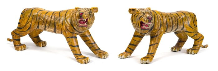PAIR VINTAGE LIFE SIZE CARVED BENGAL TIGERS.
