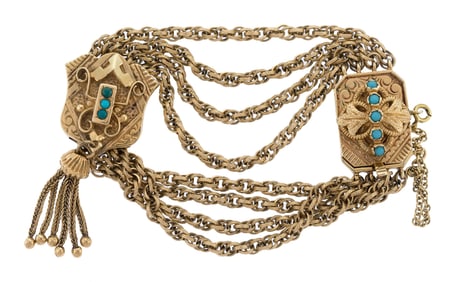 VINTAGE 14K GOLD TURQUOISE SLIDE TASSEL BRACELET.