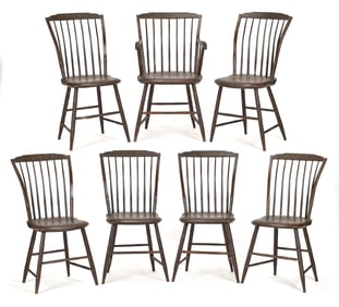 SEVEN EARLY 19TH C. PAINTED STEP DOWN WINDSOR CHAIRS.