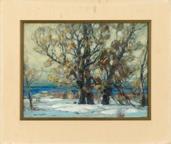 JOHN F. CARLSON OIL ON BOARD, EARLY SNOWS.