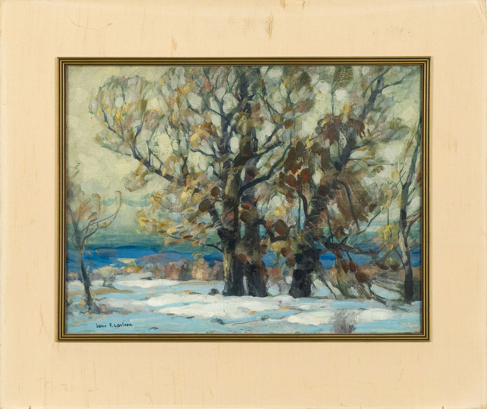 JOHN F. CARLSON OIL ON BOARD, EARLY SNOWS.: John Fabian Carlson (1875-1945) oil on board, winter landscape, signed lower left, titled on reverse, Early Snows, with Central Art Galleries New York label. Image 12” x 16”.