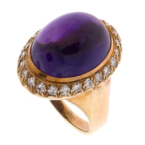 14K GOLD AMETHYST CABOCHON & DIAMOND RING.