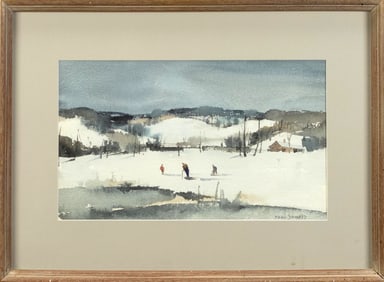 PAUL SAMPLE WATERCOLOR, SKI LESSON.