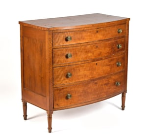 19TH C. PA TIGER MAPLE BOW FRONT CHEST.