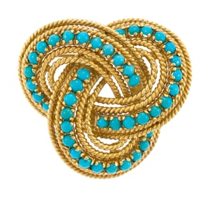 VINTAGE 18K GOLD TURQUOISE LOVE KNOT PIN.